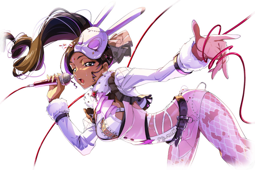 1girl arm_up armpits bindi black_gloves black_hair blue_eyes braid breasts cleavage cleavage_cutout clothing_cutout code_geass code_geass:_lost_stories code_geass_(manga) commentary_request crop_top cropped_torso dark-skinned_female dark_skin earrings f4samurai forehead game_cg glasses gloves grey-framed_eyewear half-closed_eyes half_up_braid hand_up highres holding holding_microphone idol indian jewelry kagari_savitri long_hair looking_afar medium_breasts microphone official_art open_mouth presenting_armpit semi-rimless_eyewear shirt simple_background sleeveless sleeveless_shirt solo standing stud_earrings stylus sweat teeth transparent_background upper_body