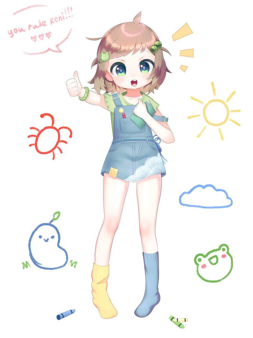 ahoge bad_tag blue_eyes blue_sock book crayon crayon_drawing frog_hair_ornament green_eyes green_shirt hair_ornament highres indie_virtual_youtuber lily_hopkins loli mismatched_socks overall_shorts overalls shirt short_hair socks thumbs_up tooth_gap wimaewi yellow_sock