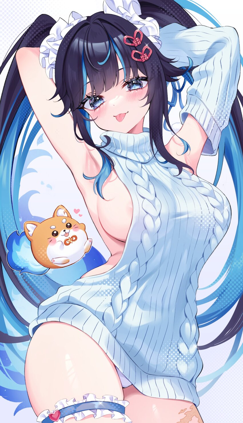 1girl :3 absurdres areola_slip armpits arms_behind_head arms_up bare_shoulders black_hair blue_eyes blue_hair breasts cable_knit closed_mouth commentary_request commission cowboy_shot cross-shaped_pupils detached_sleeves eneru_(enepuni) frilled_thigh_strap hair_ornament hair_scrunchie hairclip highres large_breasts long_hair looking_at_viewer multicolored_hair no_bra original panties ribbed_sweater scrunchie sideboob single_detached_sleeve skeb_commission sleeveless sleeveless_sweater sleeveless_turtleneck smile solo streaked_hair sweater symbol-shaped_pupils thigh_strap tongue tongue_out turtleneck twintails two-tone_hair underwear very_long_hair virgin_killer_sweater white_panties white_sweater