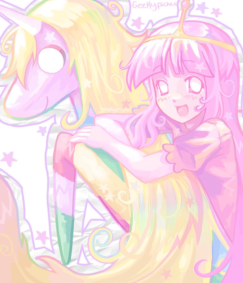 1girl 2000s_(style) :d adventure_time animification blonde_hair colored_skin commentary creature english_commentary faux_retro_artstyle geekypichu highres lady_rainicorn long_hair looking_at_viewer open_mouth pastel_colors pink_hair pink_skin princess_bonnibel_bubblegum short_sleeves sitting smile solo_focus tiara unicorn very_long_hair