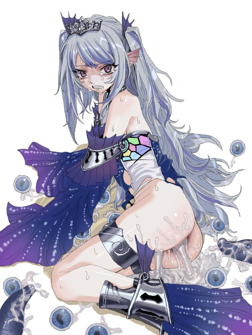 1girl after_anal after_rape after_vaginal aftersex anal ass bare_shoulders blue_dress blue_leotard bottomless breasts crying crying_with_eyes_open cum cum_in_ass cum_in_pussy cum_on_ass cum_on_body cum_on_lower_body cumdrip dress duel_monster egg egg_laying female_focus fins gaping gaping_anus hair_ornament head_fins highres cum_in_ass cum_in_pussy legs legs_together leotard lock long_hair looking_afar looking_to_the_side medium_breasts multicolored_hair orrdriver ovipositor padlock pointy_ears purple_eyes purple_hair rape shin_guards simple_background siren_(mythology) solo_focus stained_glass_print streaked_hair sweat sweatdrop tearing_up tearlaments_scheiren tears tentacles thighs tiara torn_clothes torn_leotard twintails two-tone_hair white_background white_hair yu-gi-oh!