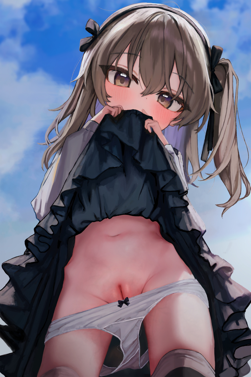 1girl absurdres black_dress black_ribbon blush bow bow_panties brown_eyes brown_hair clothes_lift commentary_request dress dress_lift from_below girls_und_panzer h.yasai hair_ribbon highres lifting_own_clothes loli looking_at_viewer navel panties panty_pull pussy ribbon shimada_arisu sky solo two_side_up uncensored underwear white_panties