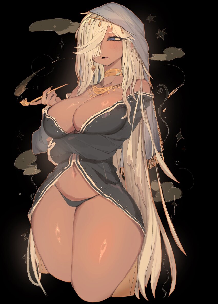 1girl black_background black_dress black_panties blue_eyes blue_veil breasts commentary commission cropped_legs dark-skinned_female dark_skin dress english_commentary hair_over_one_eye hand_up highres holding holding_smoking_pipe large_breasts long_hair long_sleeves one_eye_covered open_mouth original panties parted_bangs smoking_pipe solo thighs underwear usa37107692 veil very_long_hair white_hair