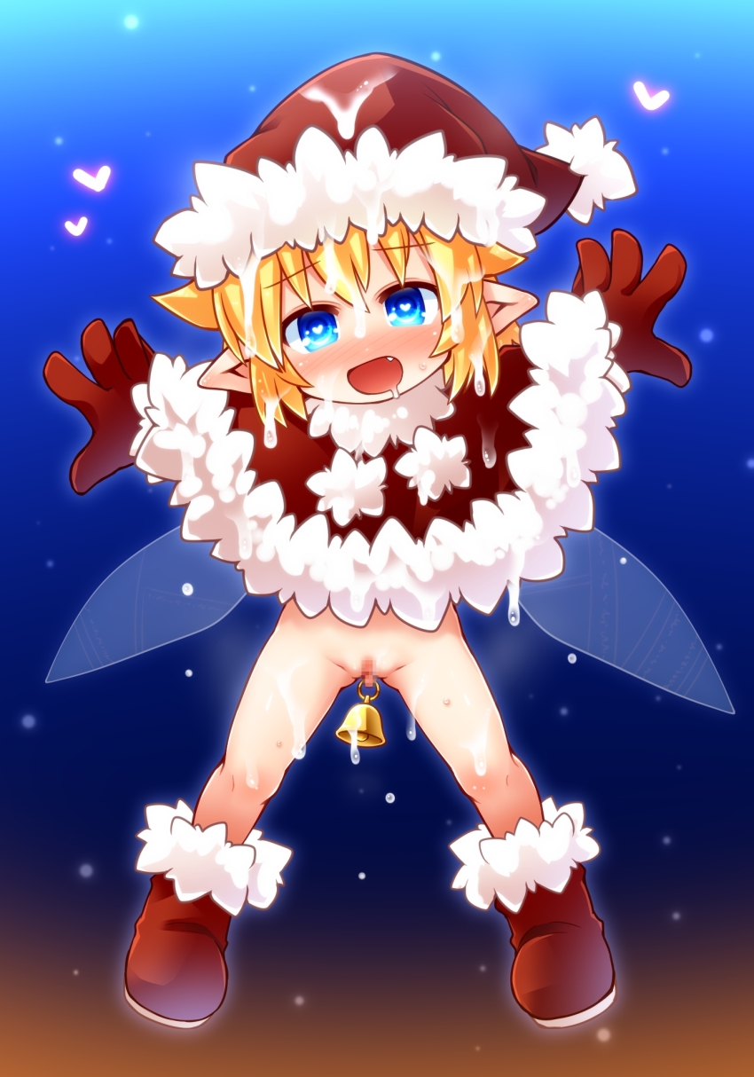 1girl bell blonde_hair blue_eyes blush boots censored christmas clitoris_piercing commentary_request cum cum_on_hair fairy fairy_wings fang full_body fur-trimmed_headwear fur_trim gloves hat heart heart-shaped_pupils highres kso loli looking_at_viewer meyuu_(kso) open_mouth original outstretched_arms piercing pointy_ears pussy pussy_piercing santa_hat short_hair smile solo symbol-shaped_pupils variant_set wings