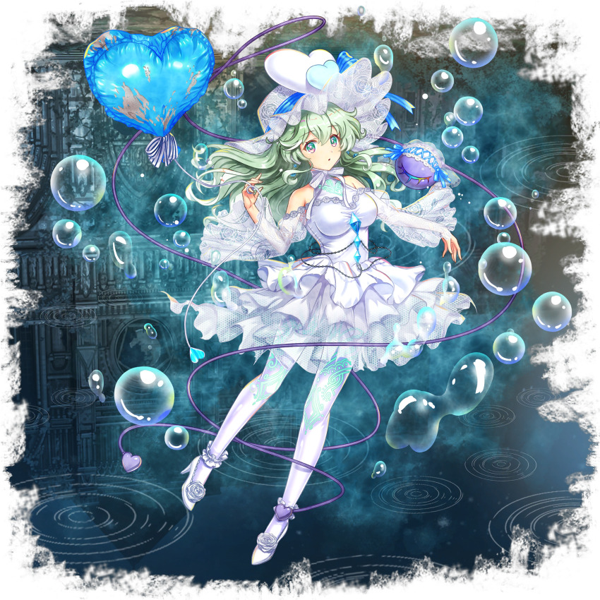 1girl alternate_costume alternate_headwear balloon breasts dress earrings eyeball floral_print flower footwear_flower frilled_dress frills game_cg green_eyes green_hair hat hat_ornament heart heart_balloon heart_hat_ornament high_heels highres jewelry komeiji_koishi long_hair long_sleeves looking_at_viewer official_art pantyhose pink_eyes ripples rose rose_print rotte_(1109) see-through_clothes see-through_sleeves shoes soap_bubbles solo third-party_source third_eye touhou touhou_lostword transparent_background water wedding_dress white_dress white_flower white_hat white_pantyhose white_rose white_shoes wide_sleeves