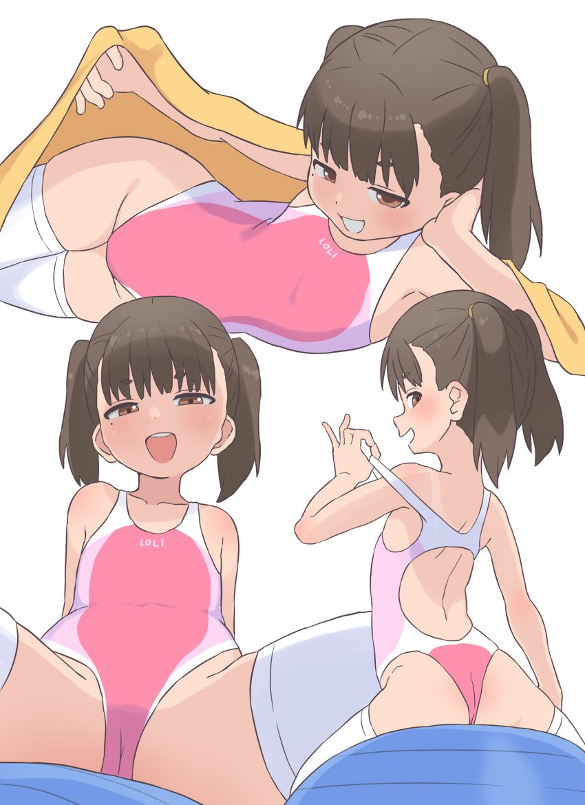 1girl alternate_hairstyle arm_support armpit_peek ass blush breasts brown_eyes brown_hair bubukka cameltoe clothes_pull come_hither covered_navel dot_nose female_focus from_behind from_below grin hair_ornament hair_scrunchie half-closed_eyes highres loli looking_at_viewer looking_back lying medium_hair modeling mole mole_under_eye multiple_views naughty_face on_side one-piece_swimsuit one-piece_swimsuit_pull one_eye_closed open_mouth original pulling_own_clothes scrunchie seductive_gaze seductive_smile sitting sitting_on_ball small_breasts smile spread_legs swimsuit tan tanline teasing thighhighs thighs twintails uri_(bubukka)