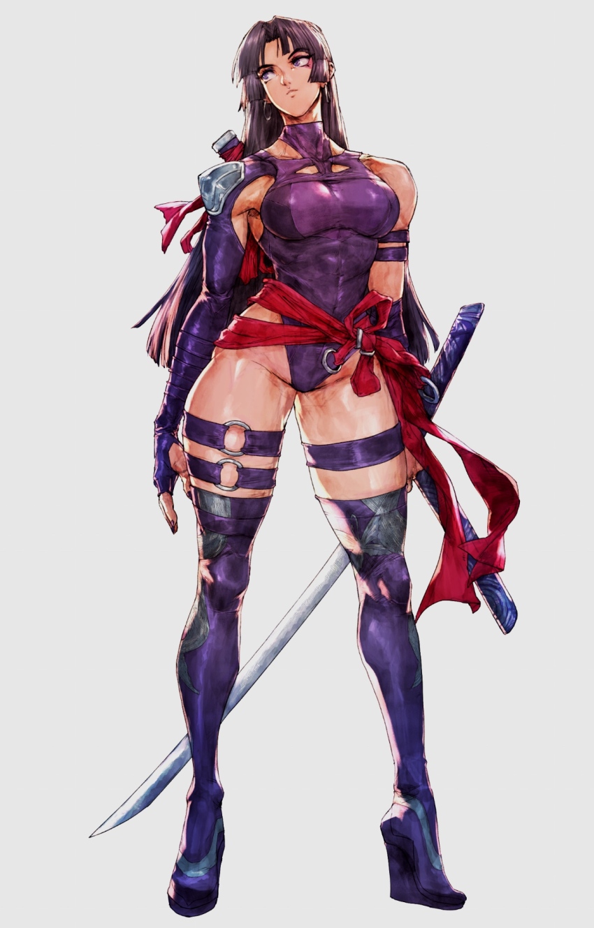 1girl armor black_hair breasts commentary curvy david_liu earrings english_commentary full_body highleg highleg_leotard highres holding holding_sword holding_weapon hoop_earrings jewelry katana leotard looking_to_the_side marvel marvel_rivals official_alternate_costume psylocke psylocke_(vengeance) purple_leotard red_sash revealing_clothes sash scabbard sheath shoulder_armor single_shoulder_pad solo standing sword thighhighs tiptoes waist_sash weapon wide_hips x-men