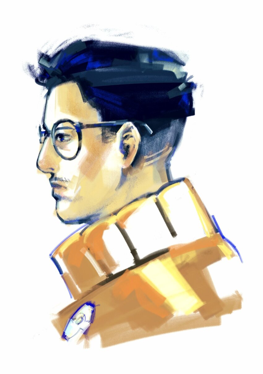 1boy aegyo_sal beard_stubble black_eyes black_hair bomber_jacket disco_elysium facial_hair from_side glasses highres jacket kim_kitsuragi lockwqq looking_to_the_side male_focus orange_jacket popped_collar portrait short_hair sideburns solo stubble