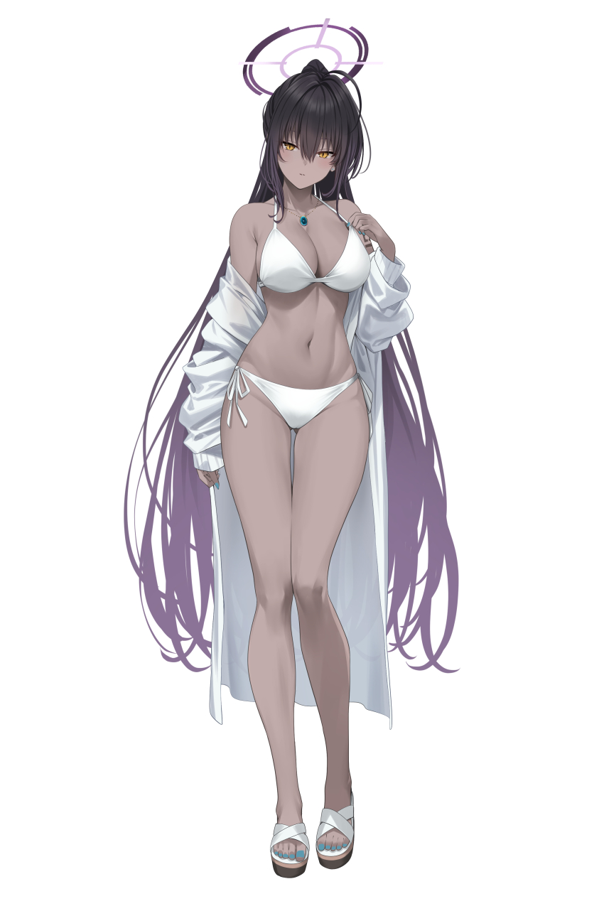 1girl bikini bikini_top_pull black_hair blue_archive blue_nails breasts dark-skinned_female dark_skin earrings gradient_hair halo jacket jewelry karin_(blue_archive) koisuke large_breasts long_hair multicolored_hair nail_polish necklace off-shoulder_jacket off_shoulder open_clothes open_jacket ponytail purple_hair sandals side-tie_bikini_bottom slit_pupils solo standing swimsuit thigh_gap toenail_polish toenails white_background white_bikini white_jacket yellow_eyes