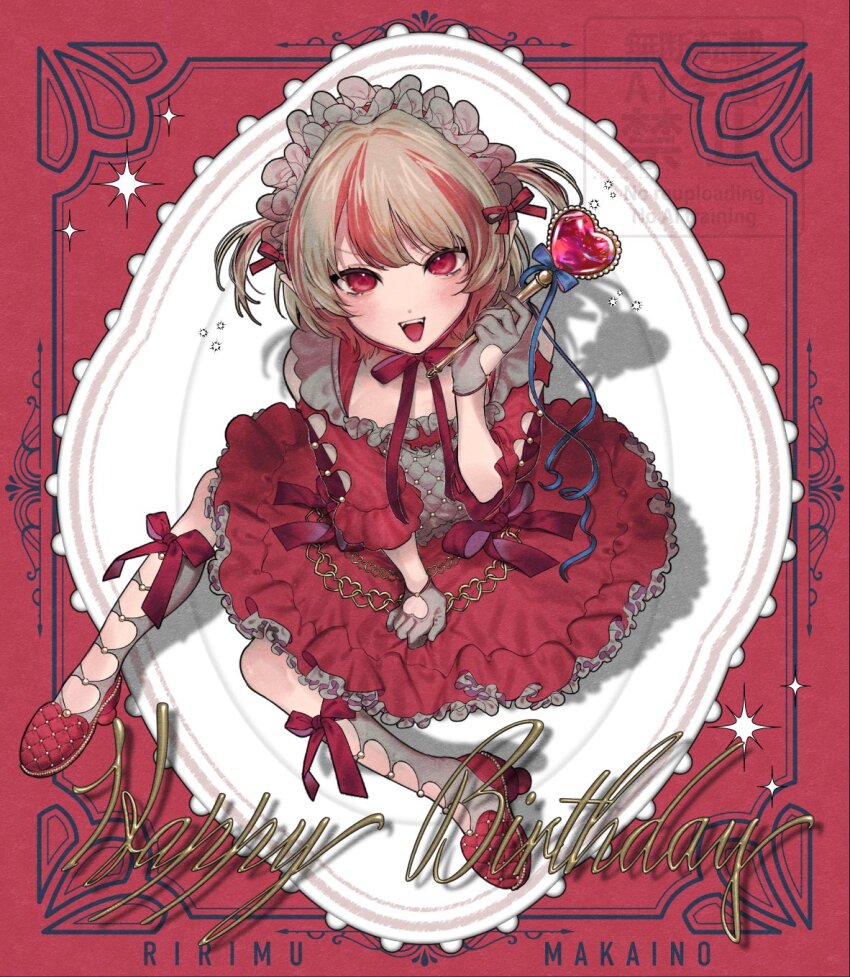 1girl alternate_costume brown_hair character_name clothing_cutout commentary dress ebitabetabe frilled_hairband frills gloves grey_gloves hair_ribbon hairband happy_birthday heart_cutout heart_wand highres holding holding_wand kneehighs looking_at_viewer makaino_ririmu multicolored_hair nijisanji red_background red_dress red_eyes red_hair red_shoes ribbon shoes short_hair smile socks solo sparkle streaked_hair symbol-only_commentary two-tone_hair two_side_up virtual_youtuber wand