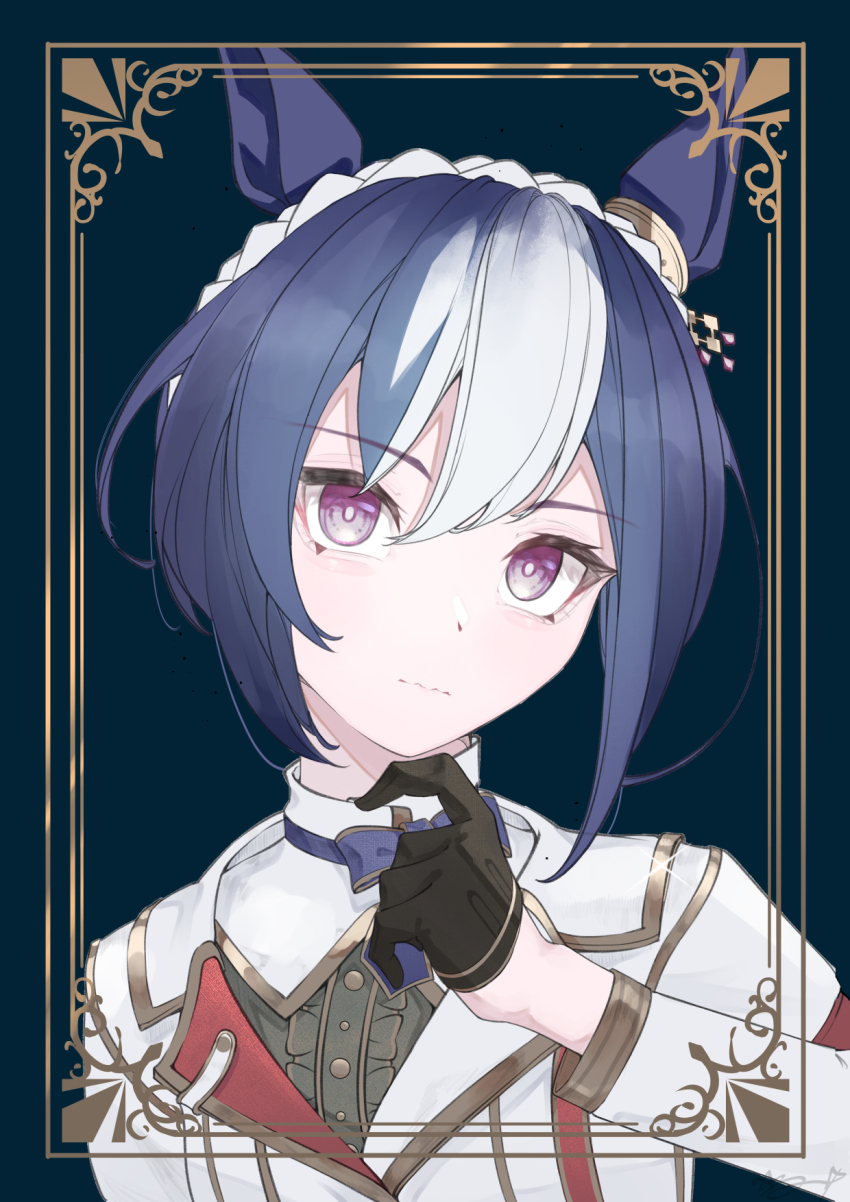 1girl animal_ears black_gloves blue_bow blue_hair blush bow braid cesario_(future_weaver)_(umamusume) cesario_(umamusume) closed_mouth commentary_request crown_braid gloves hair_between_eyes highres horse_ears horse_girl jacket looking_at_viewer multicolored_hair purple_eyes shikahisa_totani shirt short_hair two-tone_hair umamusume upper_body white_hair white_jacket white_shirt
