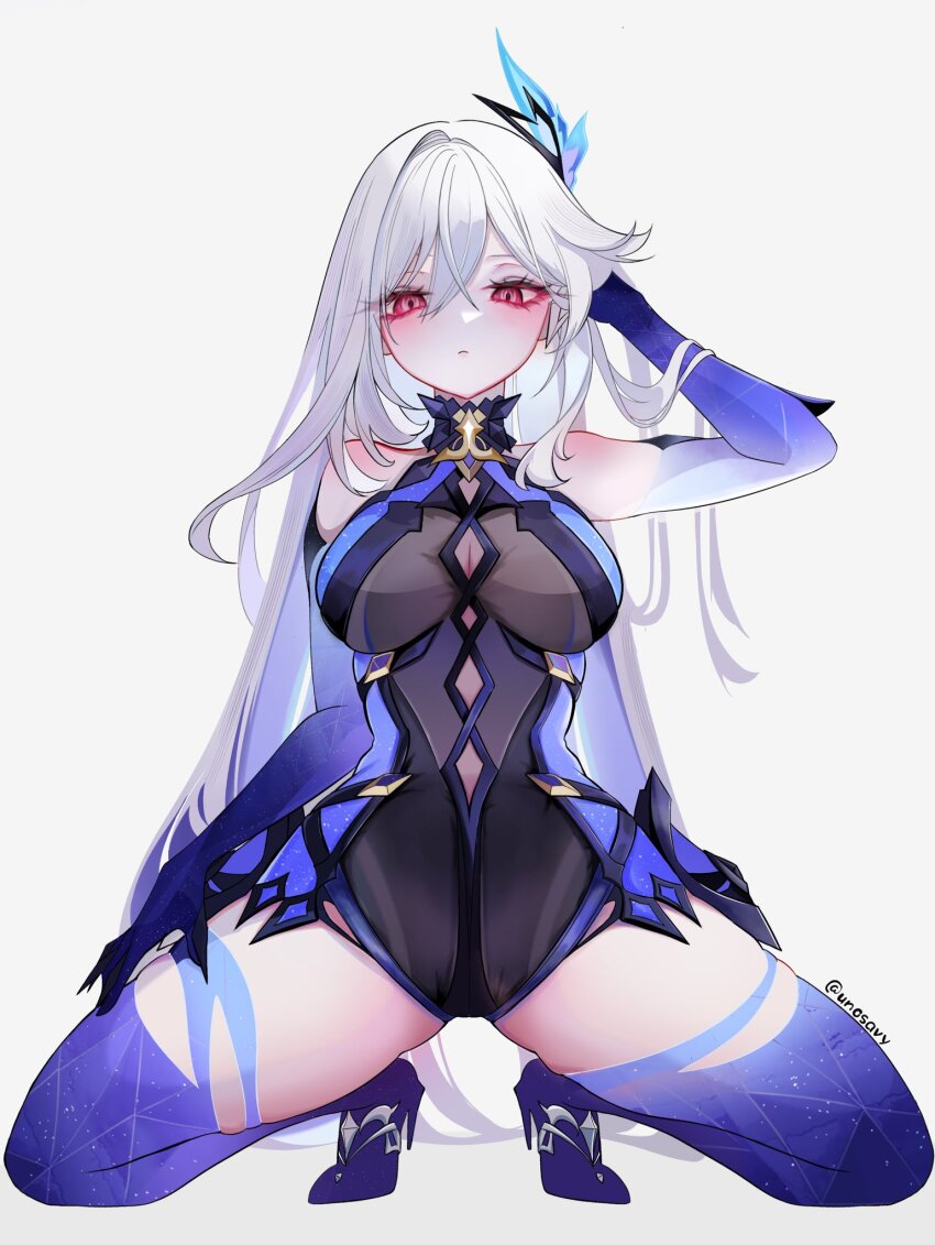 1girl arm_up artist_name bare_shoulders black_bodysuit blue_hair bodysuit breasts butterfly_hair_ornament closed_mouth clothing_cutout colored_inner_hair commentary crossed_bangs diamond_cutout empty_eyes english_commentary eyelashes eyeshadow full_body genshin_impact grey_hair hair_between_eyes hair_ornament hand_on_own_head high_heels highres large_breasts long_hair looking_at_viewer makeup multicolored_hair pink_eyes prosthesis prosthetic_arm prosthetic_leg purple_hair purple_shoes red_eyeshadow shoes sidelocks simple_background skirk_(genshin_impact) solo spread_legs squatting unosaki2 white_background