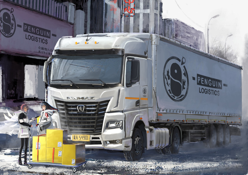 2girls absurdres animal_ears arknights black_footwear black_hair black_legwear boots box box_truck brown_eyes cardboard_box cart commentary_request exusiai_(arknights) grey_sky hair_between_eyes halo highres holding holding_phone jacket lamppost license_plate long_hair long_sleeves looking_at_viewer motor_vehicle multiple_girls outdoors pantyhose penguin_logistics_(arknights) phone platform_truck red_eyes red_hair semi_truck short_hair sky smile snow texas_(arknights) trailer truck vehicle_focus white_jacket wings wolf_ears yukikaze_supersylph