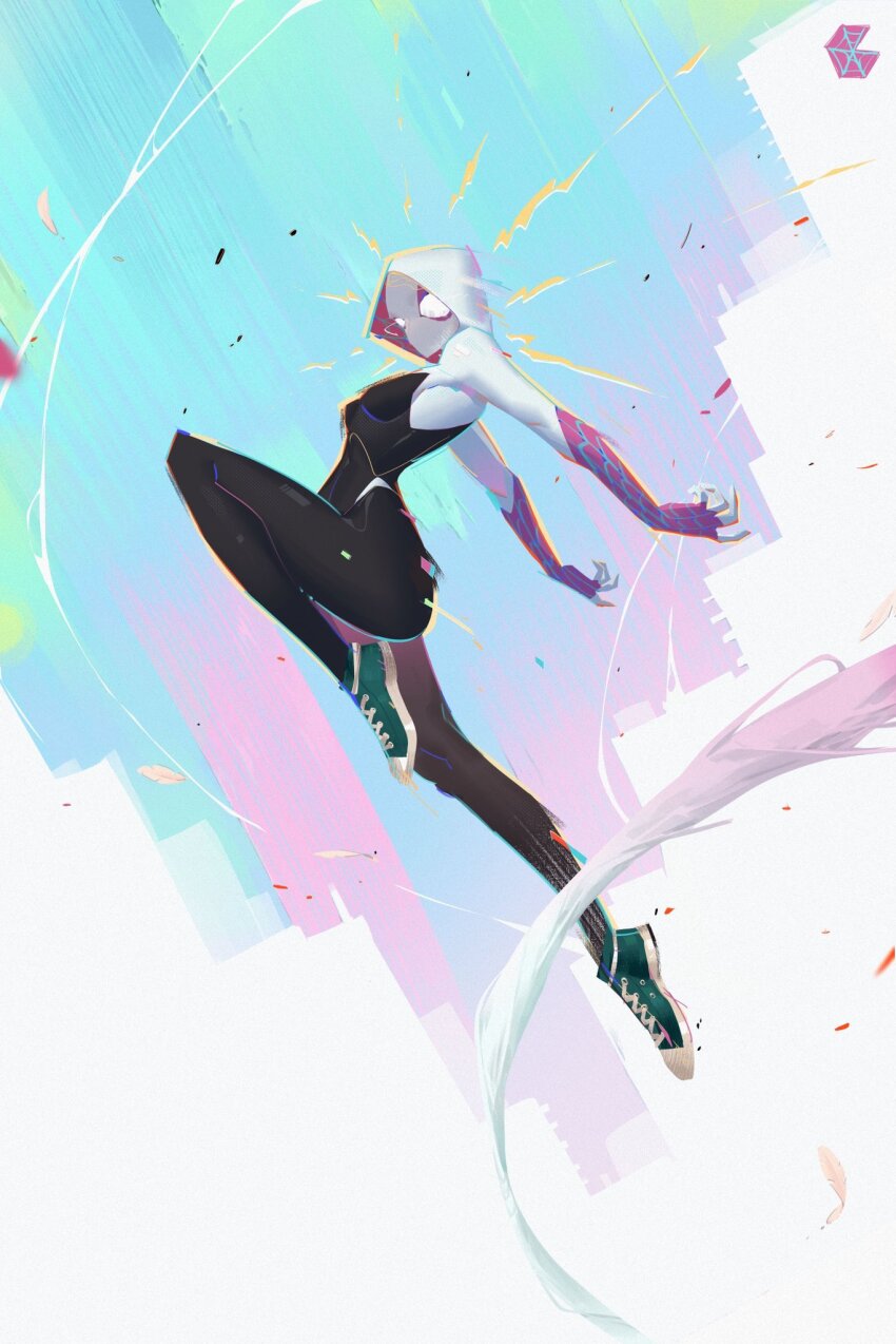 1girl bodysuit breasts cityscape full_body green_shoes gwen_stacy highres hood hooded_bodysuit marvel multicolored_bodysuit notice_lines patrick_ganas shoes silk skin_tight sneakers solo spider-gwen spider-man:_across_the_spider-verse spider-man:_into_the_spider-verse spider-man_(series) spider-sense_(spider-man) spider-verse spider_web_print superhero_costume