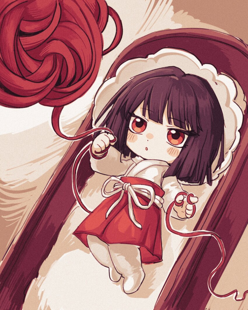 1girl :o aged_down baby black_hair bonnet crib dot_nose full_body hashtag-only_commentary highres limbus_company lying no_shoes on_back project_moon red_eyes red_skirt ryoshu_(project_moon) short_hair skirt solo string suncz265487 white_bonnet