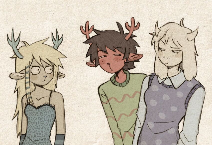 1boy 2girls aged_down ahoge animal_ears antlers arm_warmers bare_shoulders blonde_hair blue_shirt blue_streaks blue_sweater_vest blush_stickers breasts brown_hair carol_holiday collared_shirt colored_pencil_(medium) commentary deer_antlers deer_boy deer_ears deer_girl deltarune english_commentary eye_contact frown furry furry_female furry_male glaring goat_ears goat_girl goat_horns graphite_(medium) green_sweater highres horns looking_at_another medium_breasts multicolored_hair multiple_girls polka_dot raccoon_tails_(hairstyle) rudolph_holiday shirt single_sidelock sleeveless sleeveless_shirt small_breasts squinting streaked_hair striped_arm_warmers sweater sweater_vest szivarvanyturmix02 toriel traditional_media two-tone_hair utdr_(toby_fox) white_fur white_shirt