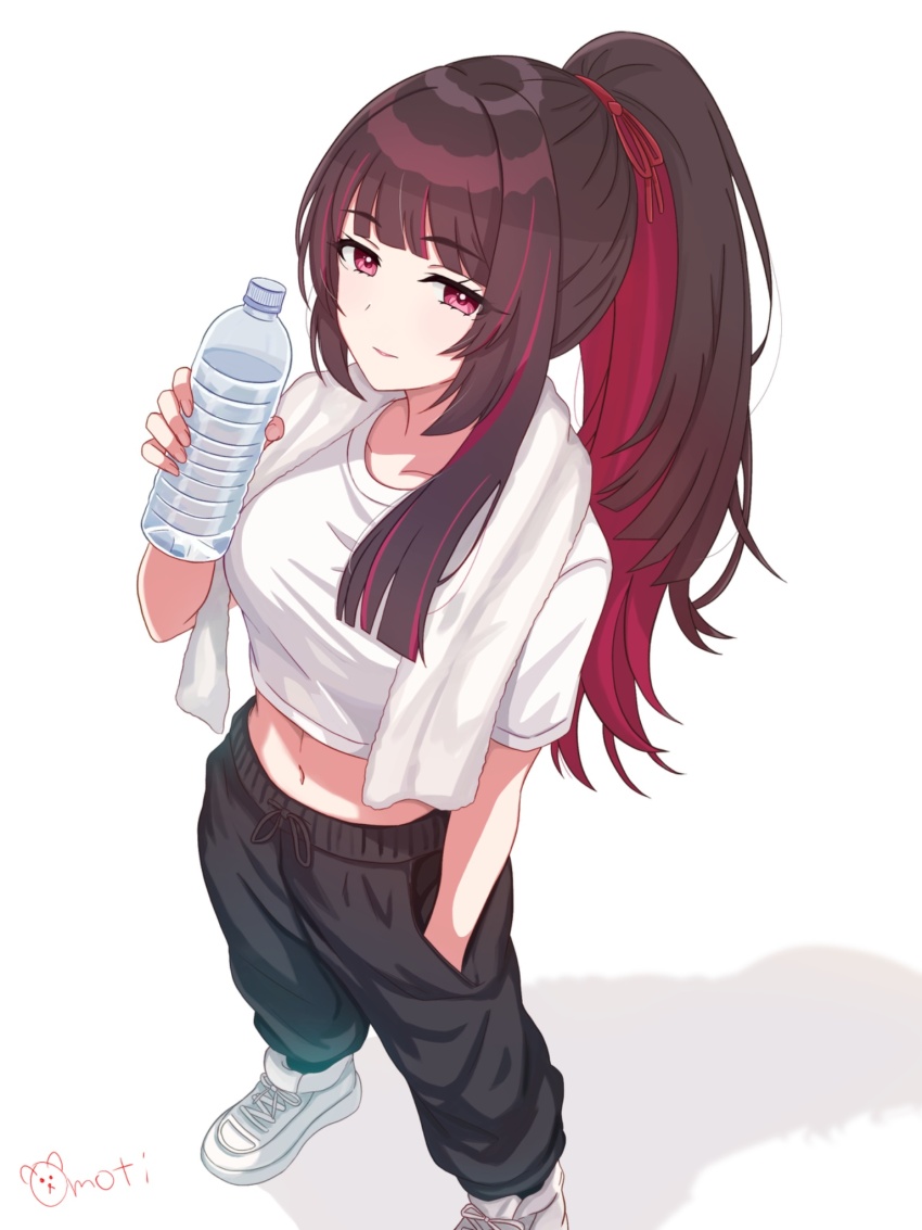 1girl asymmetrical_bangs black_pants bottle breasts brown_hair commentary_request eyelashes gakuen_idolmaster hair_ribbon hand_in_pocket highres holding holding_bottle idolmaster long_hair looking_at_viewer mattarisan_1012 medium_breasts multicolored_hair naked_towel navel pants ponytail red_eyes red_hair red_ribbon ribbon shadow shirakusa_shion shirt shoes short_sleeves sidelocks signature sneakers solo standing towel two-tone_hair white_background white_shirt white_shoes