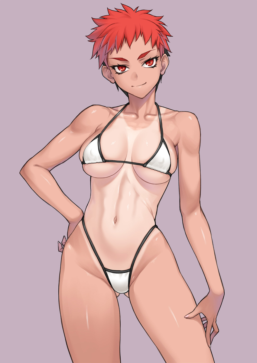 1girl bang-you bikini collarbone hand_on_own_hip highres looking_at_viewer midriff navel original red_eyes red_hair short_hair simple_background solo string_bikini swimsuit tan tanline tomboy white_bikini