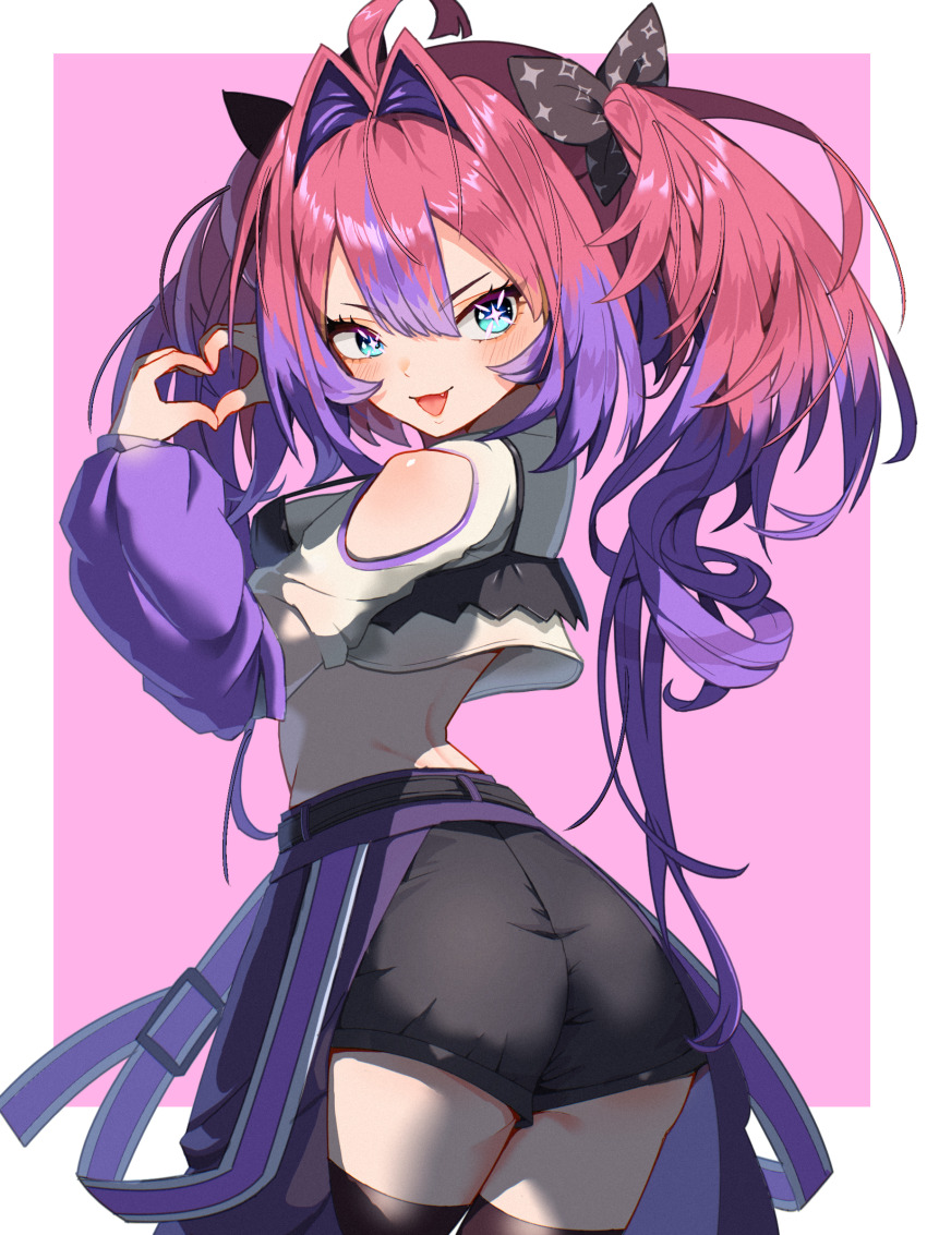 1girl absurdres ass black_bow black_chaps black_thighhighs blue_eyes bow bra_over_clothes breasts commentary_request gradient_hair hair_bow heart heart_hands highres hololive hololive_dev_is kikirara_vivi kikirara_vivi_(1st_costume) looking_at_viewer medium_breasts multicolored_hair open_mouth pink_hair purple_hair remynoue shirt sideboob smile solo thighhighs twintails virtual_youtuber white_shirt