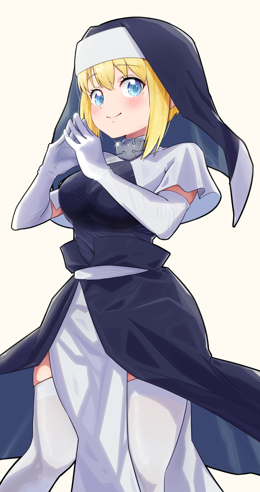 1girl absurdres blonde_hair blue_eyes blush capelet closed_mouth elbow_gloves en&#039;en_no_shouboutai gimi_00 gloves highres iris_(en&#039;en_no_shouboutai) looking_at_viewer nun simple_background solo thighhighs veil white_background white_gloves white_thighhighs