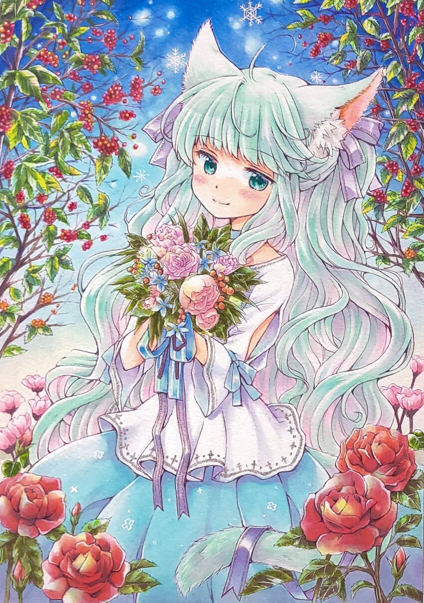 1girl ahoge animal_ear_fluff animal_ears aqua_eyes aqua_hair aqua_skirt blue_choker blue_ribbon blush cat_ears cat_girl cat_tail choker flower flower_bouquet holding holding_flower long_hair minami_kawa original purple_ribbon ribbon rose shirt skirt smile snowflakes solo tail traditional_media upper_body very_long_hair white_shirt