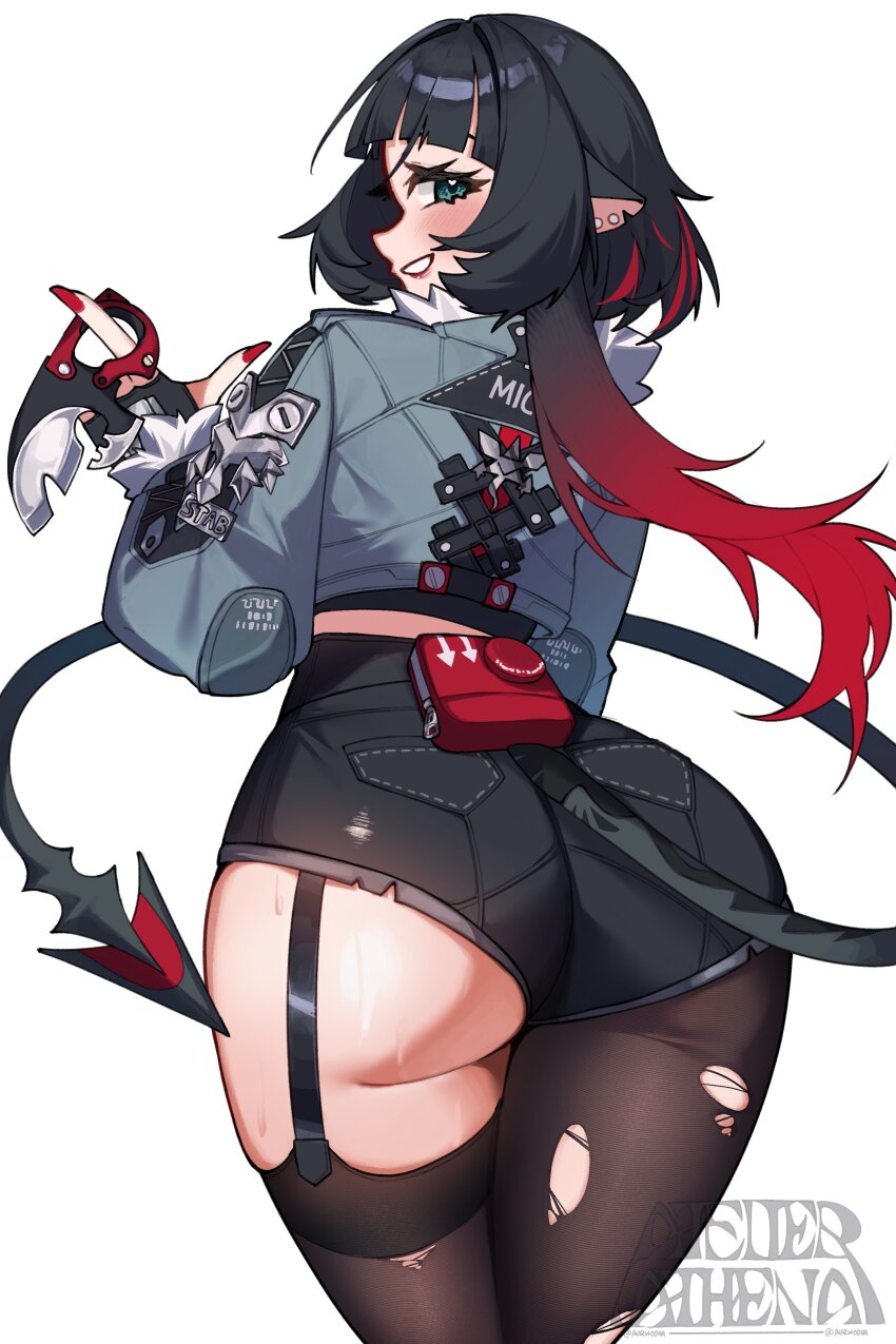 1girl absurdres animal_ears artist_name ass auraaa black_gloves black_hair black_shorts blue_eyes commentary cowboy_shot english_commentary fingerless_gloves from_behind fur-trimmed_jacket fur_trim garter_straps gloves grey_jacket grin high-waist_shorts highres holding holding_knife jacket jane_doe_(zenless_zone_zero) knife long_hair long_tail looking_at_viewer looking_back mouse_ears mouse_girl mouse_tail multicolored_hair notched_ear pantyhose parted_lips red_hair red_nails sharp_tail shorts simple_background single_garter_strap single_leg_pantyhose single_thighhigh smile solo sweat tail thighhighs torn_clothes torn_pantyhose torn_thighhighs white_background zenless_zone_zero