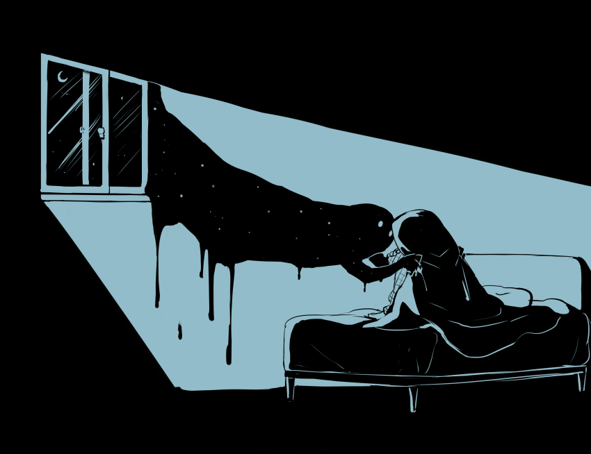 1other absurdres avogado6 bed blanket commentary_request crescent_moon dark dripping highres hugging_own_legs indoors monochrome moon night on_bed original pajamas sky star_(sky) starry_sky under_covers window