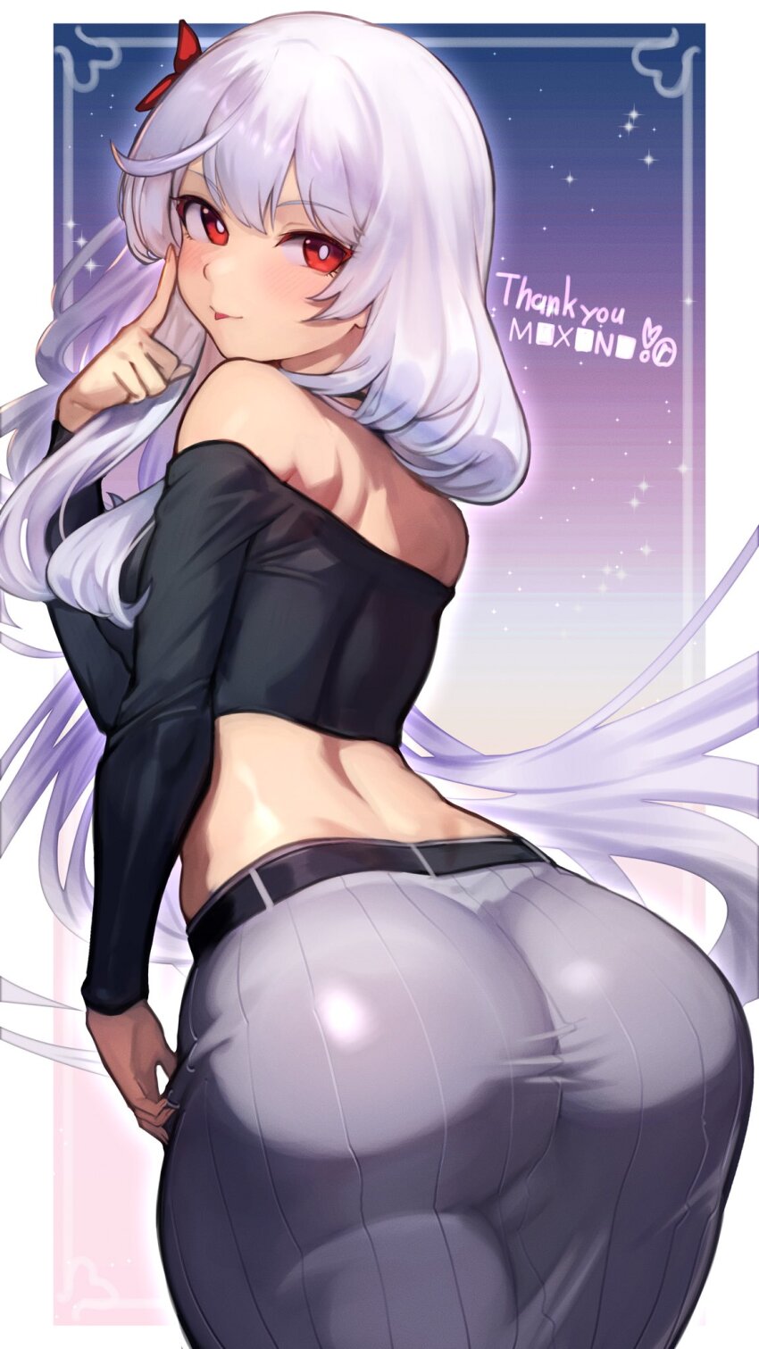 1girl :p ass ass_focus bare_shoulders belt black_belt black_shirt blush breasts commentary commission commissioner_name commissioner_upload crop_top dimples_of_venus english_commentary finger_to_face flower from_behind gradient_background grey_skirt hair_between_eyes hair_flower hair_ornament highres huge_ass long_hair long_skirt long_sleeves looking_at_viewer looking_back maxine_poshon median_furrow medium_breasts off-shoulder_shirt off_shoulder original r123 red_eyes red_flower shirt skeb_commission skirt smile solo sparkle_background standing thank_you tongue tongue_out very_long_hair white_hair