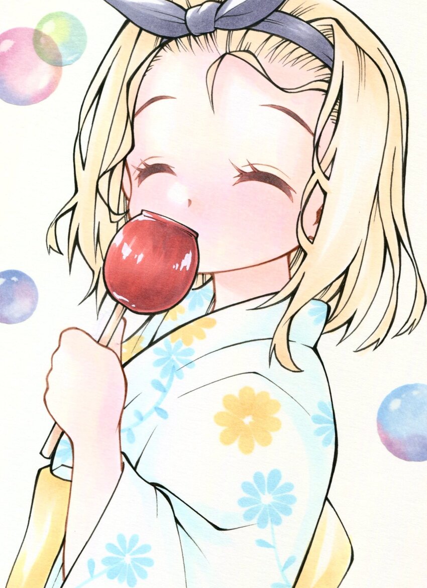 1girl alternate_costume black_hairband blonde_hair bubble_background candy_apple eating floral_print food forehead furuta_tomohiro hairband highres japanese_clothes kantai_collection kimono luigi_torelli_(kancolle) short_hair simple_background soap_bubbles solo white_background white_kimono yukata
