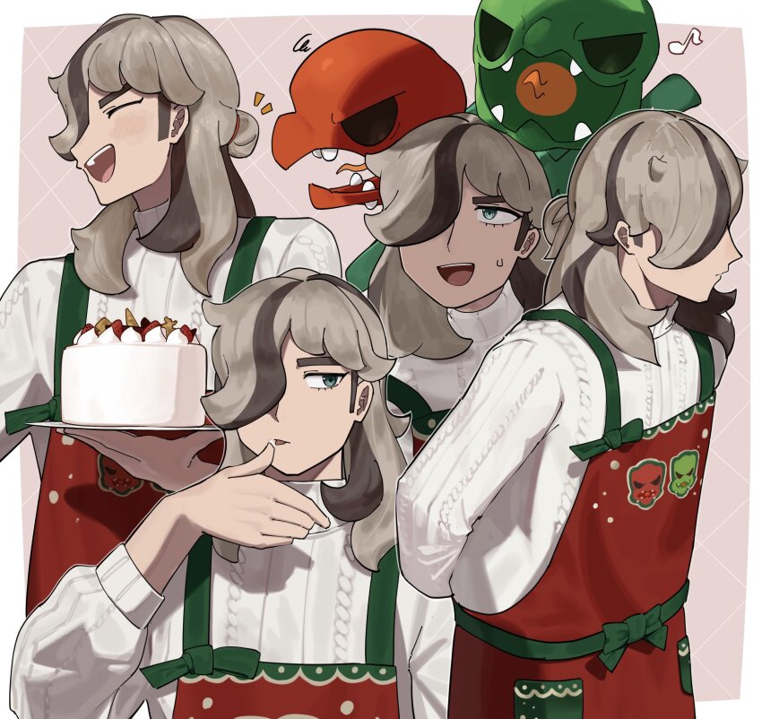 1boy :d absurdres apron arven_(holiday_2025)_(pokemon) arven_(pokemon) brown_hair cake closed_eyes commentary food hair_over_one_eye hand_up highres long_hair male_focus multiple_views musical_note nintendo official_alternate_costume open_mouth pokemon pokemon_(creature) pokemon_masters_ex print_apron red_apron scovillain smile squiggle sweatdrop sweater symbol-only_commentary teeth tongue tongue_out umebosi_nigame upper_teeth_only white_sweater