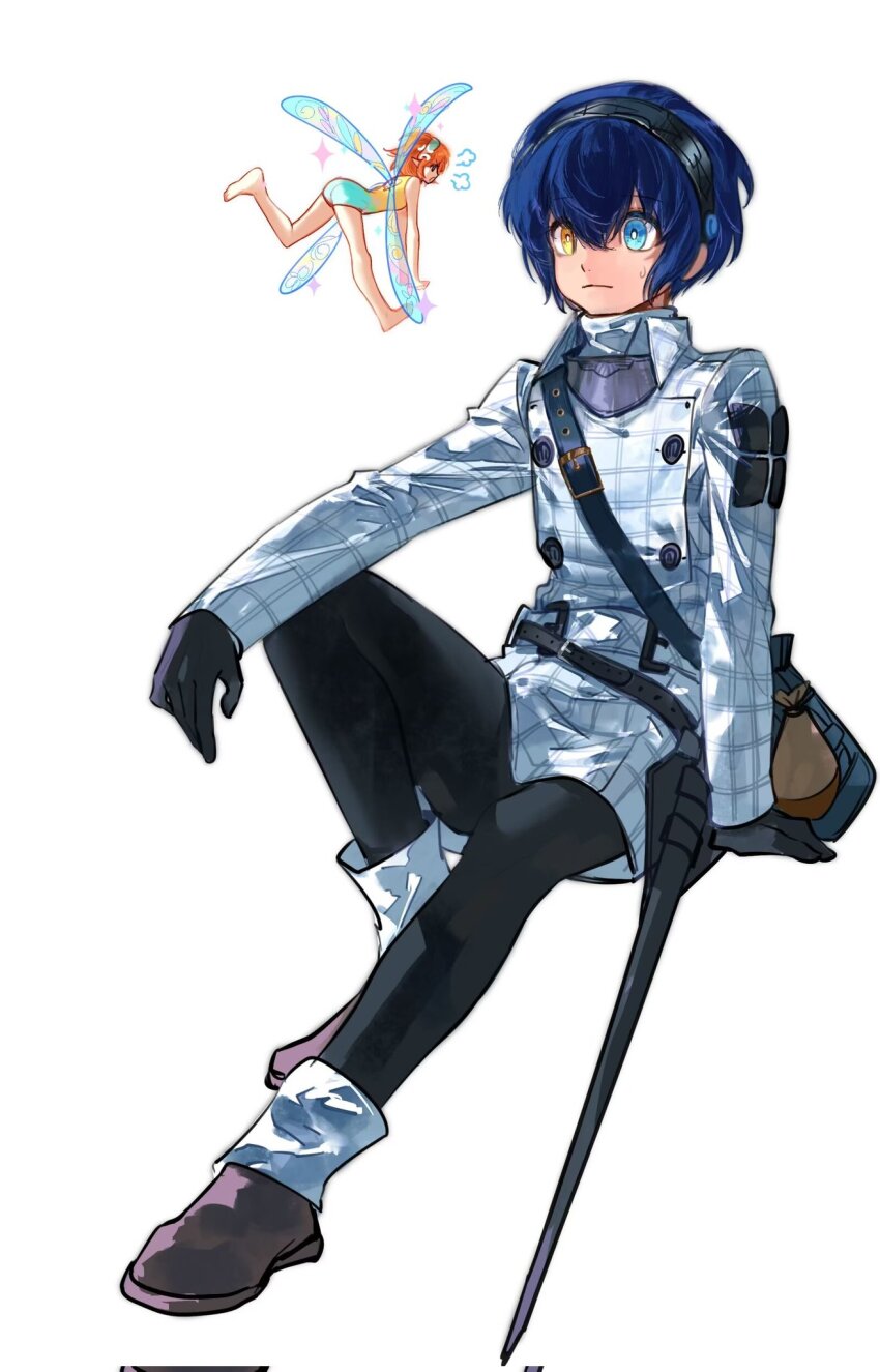 1boy 1girl anger_vein barefoot black_gloves black_hairband black_pants blue_eyes blue_hair brown_shoes buttons closed_mouth fairy fairy_wings gallica_(metaphor:_refantazio) gloves hairband hashtag-only_commentary heterochromia highres jacket laishamark92077 leotard long_sleeves looking_at_another metaphor:_refantazio mini_person minigirl orange_hair pants profile protagonist_(metaphor:_refantazio) shoes short_hair simple_background sitting size_difference sword weapon white_background white_jacket wings yellow_eyes