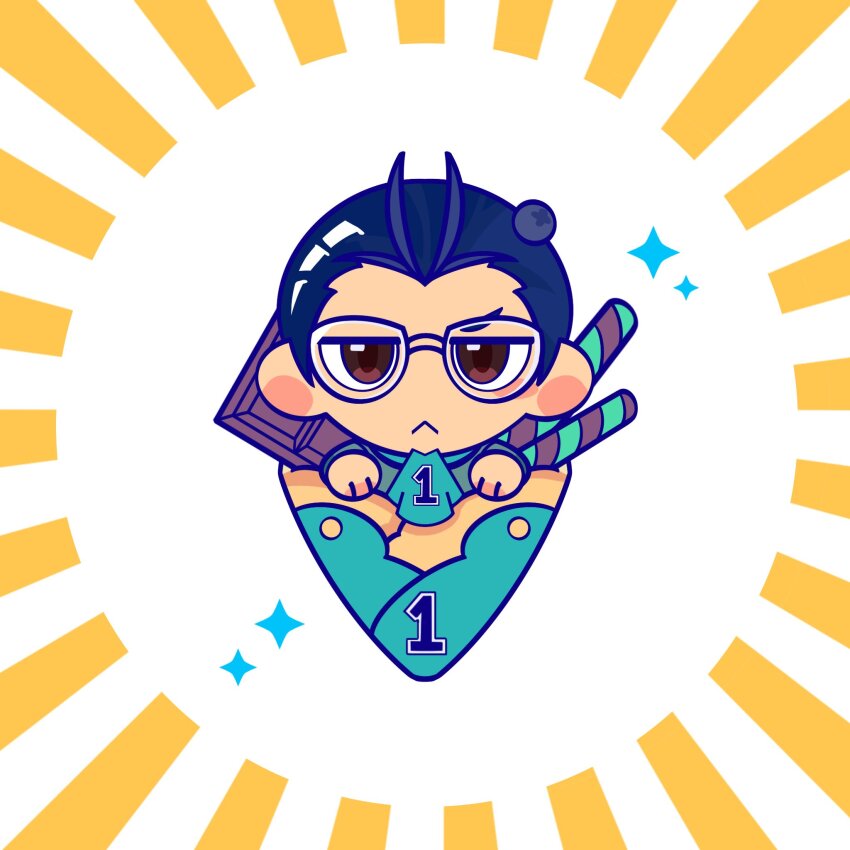 1boy :< ascot atuz1988127metu black_hair blue_ascot blueberry brown_eyes chibi chibi_only chocolate closed_mouth commentary crepe food fruit glasses highres in_food long_sleeves looking_at_viewer male_focus nanjou_kei persona persona_1 school_uniform short_hair simple_background solo sparkle st._hermelin_school_uniform symbol-only_commentary white_background