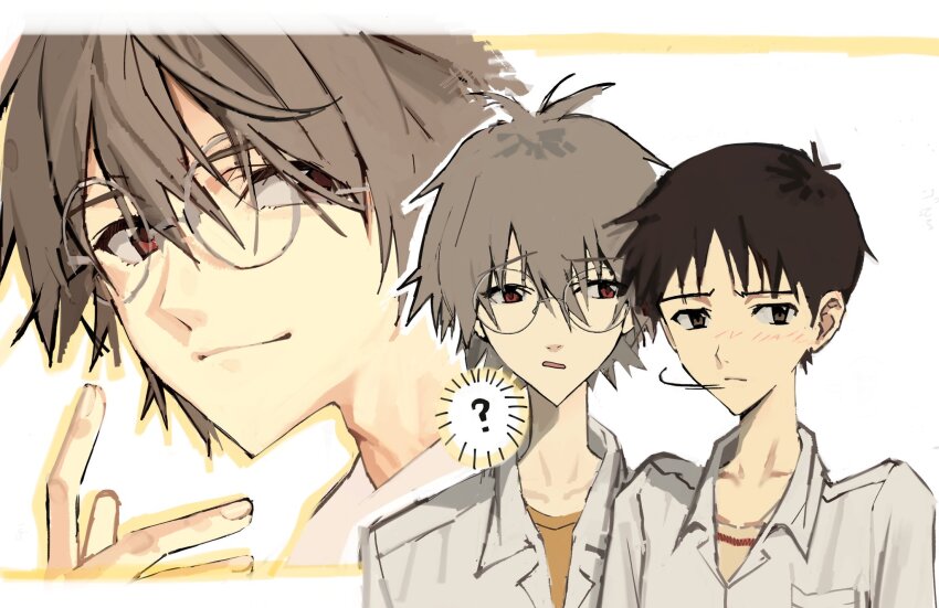 2boys ? averting_eyes bespectacled brown_eyes brown_hair closed_mouth collared_shirt commentary_request glasses grey_hair highres ikari_shinji kuhuku36 light_blush male_focus multiple_boys multiple_views nagisa_kaworu neon_genesis_evangelion open_mouth orange_shirt red_eyes round_eyewear school_uniform shirt short_hair simple_background tokyo-3_middle_school_uniform white_shirt yaoi