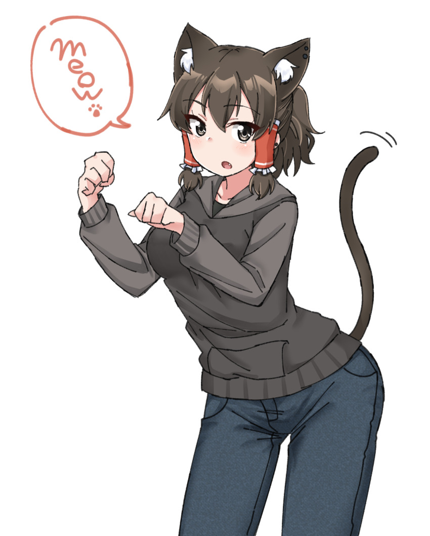 1girl animal_ears black_hoodie black_jacket blush bow breasts brown_eyes brown_hair cat_ears cat_tail cookie_(touhou) denim english_text frilled_bow frills gnzy grey_hoodie grey_pants hair_bow hair_tubes hakurei_reimu highres hood hoodie jacket jeans looking_at_viewer maru_(cookie) medium_breasts medium_hair motion_lines open_mouth pants paw_pose paw_print red_bow solo speech_bubble tail tail_wagging touhou transparent_background