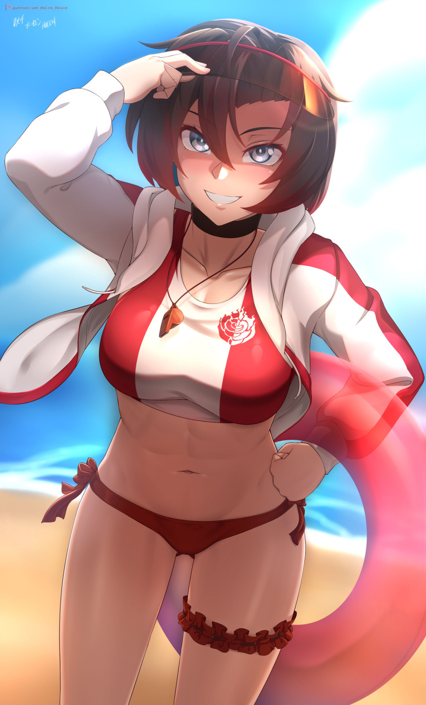 1girl abs arm_up beach bikini bikini_bottom_only black_choker blue_sky blurry blurry_background choker clenched_hand cloud cloudy_sky commentary cowboy_shot crop_top day emblem english_commentary eyewear_on_head grey_eyes grin hair_between_eyes hand_on_own_hip highres holding holding_swim_ring innertube jacket long_sleeves looking_at_viewer multicolored_jacket navel open_clothes open_jacket open_mouth outdoors paid_reward_available patreon_logo patreon_username red-framed_eyewear red_bikini red_jacket red_shirt ruby_rose rwby shirt side-tie_bikini_bottom signature sky smile solo standing sunglasses swim_ring swimsuit thigh_scrunchie two-tone_jacket two-tone_shirt variant_set vilde_loh_hocen watermark web_address whistle whistle_around_neck white_jacket white_shirt