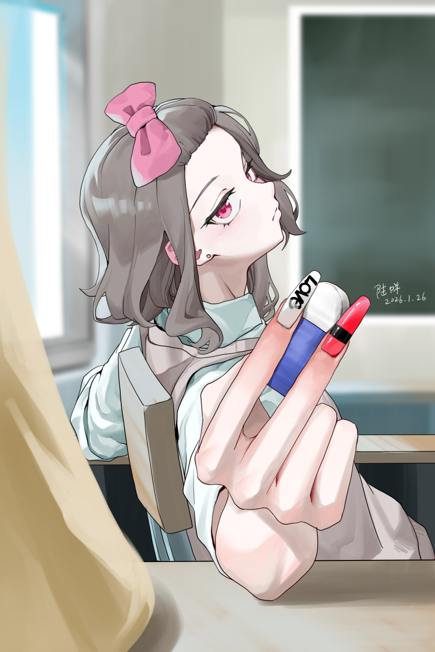 1girl absurdres blush bow brown_hair chair chalkboard collared_shirt commentary_request dated desk ear_blush earrings ebizuka_tomo eraser fingernails girls_band_cry hair_bow hair_pulled_back highres holding holding_eraser indoors jewelry long_fingernails looking_at_viewer lu_6_mie medium_hair multicolored_hair multicolored_nails nail_polish on_chair pink_bow pink_eyes red_eyes school school_chair school_desk school_uniform shirt single_earring sitting solo streaked_hair swept_bangs white_nails white_shirt window