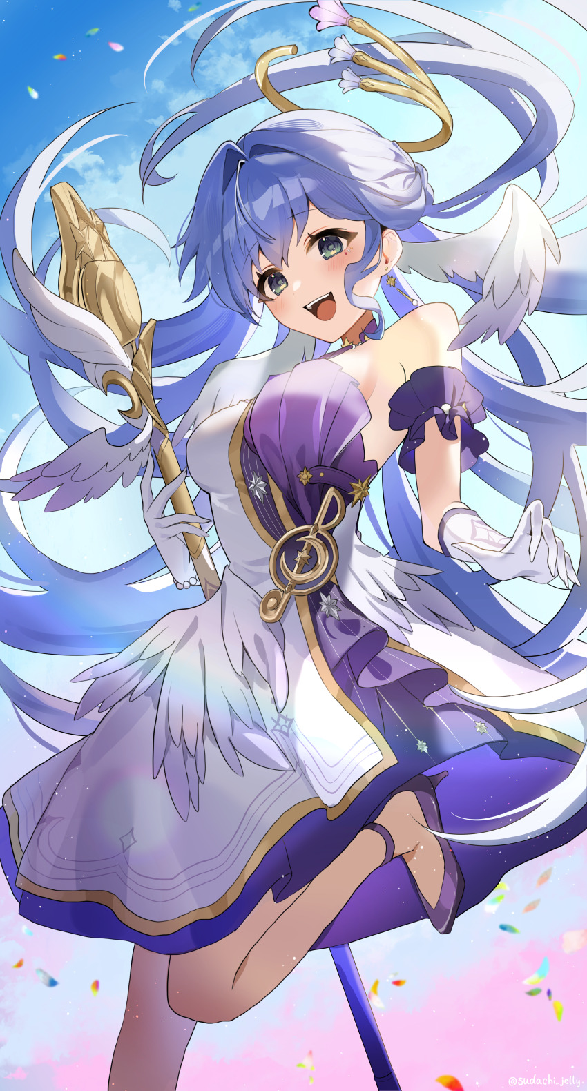 1girl absurdres aqua_hair bare_shoulders blush breasts commentary_request dress feathered_wings feathers foot_out_of_frame gloves green_eyes hair_between_eyes head_wings high_heels highres holding holding_microphone_stand honkai:_star_rail honkai_(series) long_hair looking_at_viewer medium_breasts microphone microphone_stand musical_note open_mouth pantyhose pumps robin_(honkai:_star_rail) solo standing standing_on_one_leg strapless strapless_dress sudachi_jelly white_dress white_gloves white_pantyhose wings