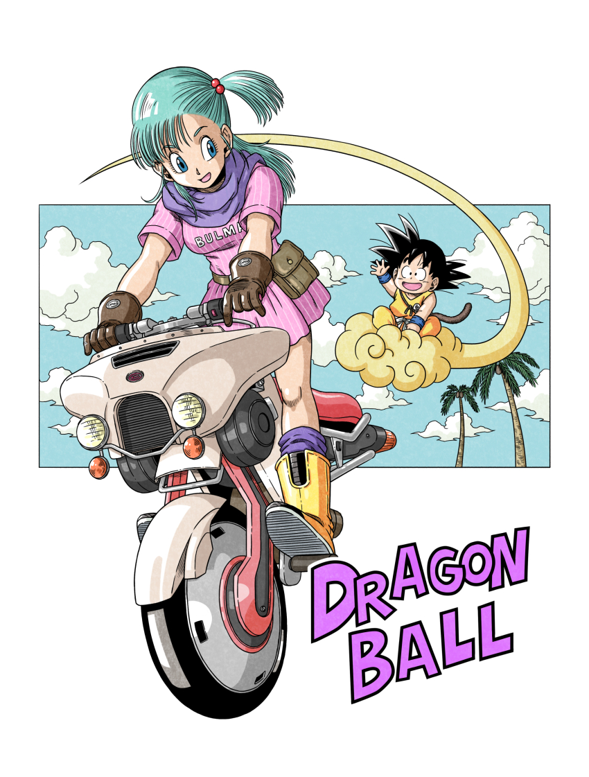 1boy 1girl :d absurdres aged_down aqua_hair belt black_eyes black_hair blue_eyes blue_sky boots brown_belt brown_gloves brown_tail bulma character_name child cloud commentary_request copyright_name dougi dragon_ball dragon_ball_(classic) dress flying_nimbus gloves hair_bobbles hair_ornament highres long_hair looking_back looking_to_the_side mikidai7 monkey_boy monkey_tail motor_vehicle motorcycle on_motorcycle open_mouth orange_dougi palm_tree pink_dress purple_scarf scarf short_hair short_side_ponytail sky smile son_goku spiked_hair striped_clothes striped_dress tail tree waving yellow_boots