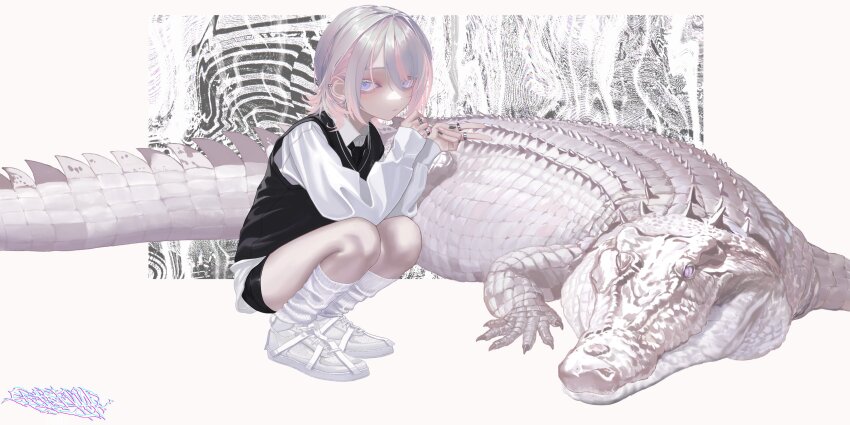 1girl absurdres albino animal bike_shorts black_nails black_necktie collared_shirt colored_eyelashes crocodile crocodilian ear_chain earclip expressionless hair_between_eyes hashtag-only_commentary highres jewelry linked_piercing long_sleeves looking_at_viewer multicolored_hair multicolored_nails multiple_rings necktie original piercing pink_hair pink_nails purple_eyes ring shirt shoes socks solo squatting sweater_vest two-tone_hair v white_eyelashes white_hair white_shoes white_socks zhayoulu