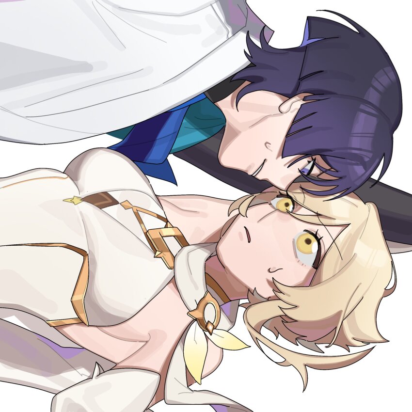 1boy 1girl armpit_crease bare_shoulders black_bodysuit black_bridal_gauntlets blonde_hair blunt_ends bodysuit boy_on_top breasts bridal_gauntlets detached_sleeves dress eye_contact eyelashes face-to-face from_side genshin_impact gold_trim hashtag-only_commentary hetero highres japanese_clothes kimono looking_at_another lumine_(as_heaven_and_earth_are_made_anew)_(genshin_impact) lumine_(genshin_impact) lying medium_breasts on_back parted_lips popotpat purple_eyes purple_hair scaramouche_(genshin_impact) scarf short_hair short_hair_with_long_locks sidelocks sweatdrop tsurime turtleneck turtleneck_bodysuit wanderer_(genshin_impact) white_background white_dress white_kimono white_scarf yellow_eyes yukadon