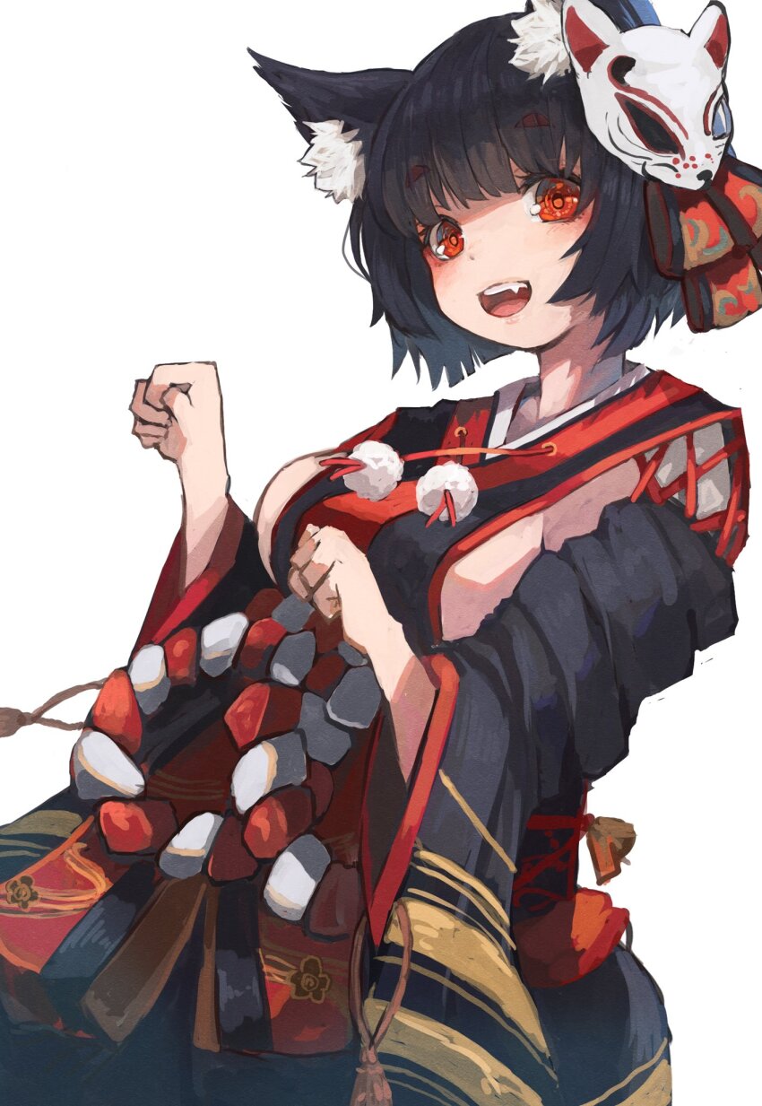 1girl :d animal_ear_fluff animal_ears azur_lane black_hair black_kimono breasts cat_ears cat_mask commentary_request cowboy_shot detached_sleeves double-parted_bangs eyeshadow fang from_side furisode_sleeves highres japanese_clothes kimono looking_at_viewer makeup manaita_obi mask mask_on_head medium_breasts mismatched_eyebrows nyucha obi open_mouth paw_pose red_eyes red_eyeshadow sash short_hair simple_background smile solo thick_eyebrows white_background wide_sleeves yamashiro_(azur_lane) yamashiro_(retrofit)_(azur_lane)