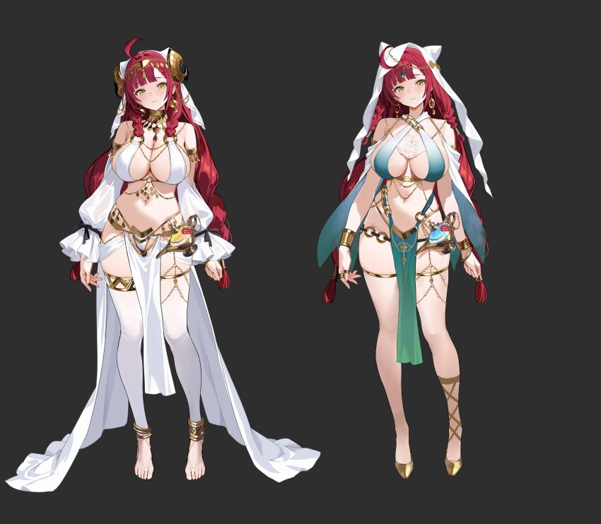 1girl absurdres ahoge anklet bare_shoulders bikini black_background bracelet breasts cleavage commentary_request curled_horns dancer detached_sleeves feet flats full_body gold_shoes gradient_clothes hair_ornament highres horns jewelry kikimi large_breasts long_hair long_sleeves looking_at_viewer multiple_views navel original pelvic_curtain red_hair revealing_clothes shoes simple_background sling_bikini_top standing stirrup_legwear stomach swimsuit thighhighs thighs toeless_legwear toes twintails very_long_hair white_bikini white_thighhighs yellow_eyes