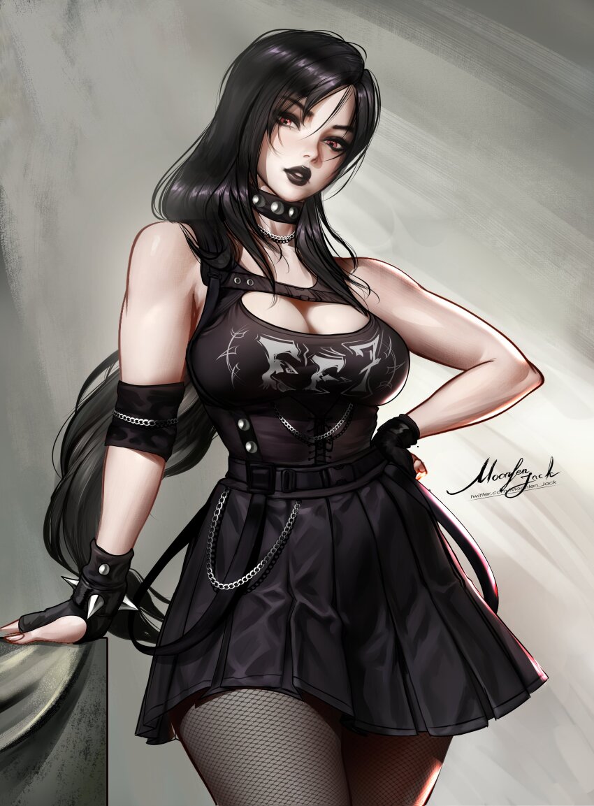 1girl absurdres alternate_costume arm_support artist_name bare_shoulders black_choker black_gloves black_hair black_lips black_shirt black_skirt black_tank_top bracelet breasts chain chain_necklace chest_harness choker cleavage cleavage_cutout clothing_cutout commentary cowboy_shot final_fantasy final_fantasy_vii final_fantasy_vii_remake fingerless_gloves fishnet_pantyhose fishnets gloves goth_fashion hair_over_shoulder hand_on_own_hip harness highres jewelry large_breasts lips long_hair looking_at_viewer moonlen-jack necklace pantyhose parted_lips pleated_skirt red_eyes shirt signature skirt sleeveless sleeveless_shirt solo spiked_bracelet spikes tank_top thighs tifa_lockhart tight_clothes tight_shirt wallet_chain