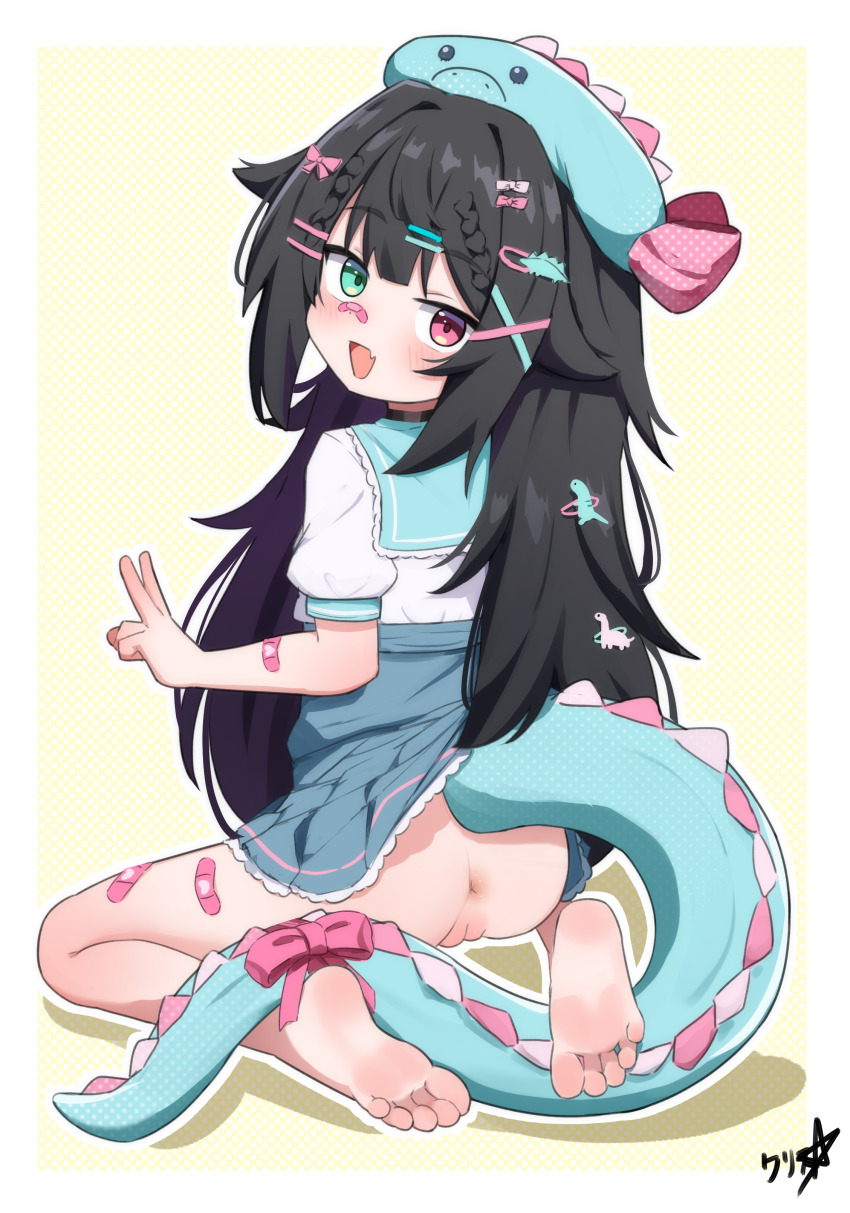 1girl absurdres anus ass bandaid barefoot beret black_hair blue_skirt boppin bow commission delulu_dino feet green_eyes hair_ornament hairclip hat highres indie_virtual_youtuber loli long_hair looking_at_viewer looking_back no_panties pink_bow pussy shirt short_sleeves skirt soles solo tail toes v variant_set virtual_youtuber white_shirt