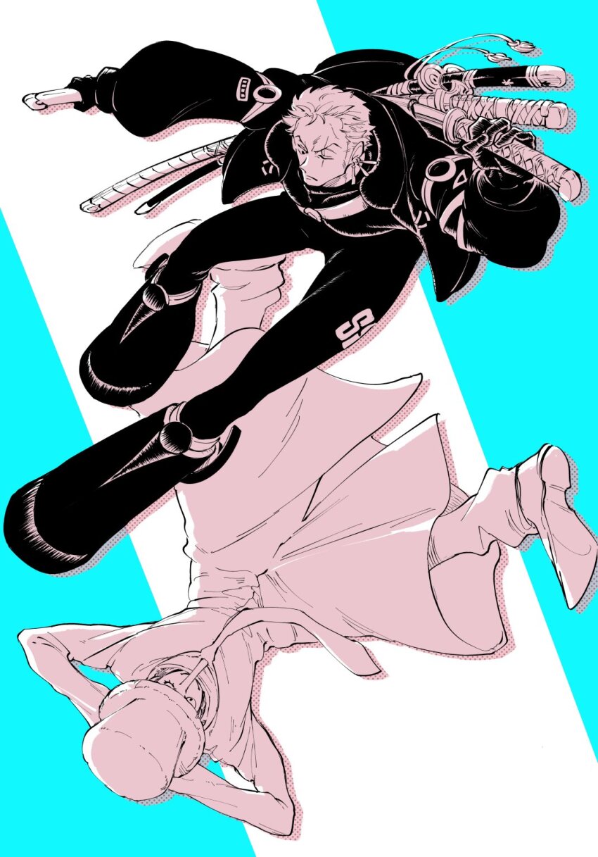2boys arms_behind_head blue_background bodysuit boots chabo_(niwatori_bosori) commentary_request earrings full_body greyscale_with_colored_background hat highres jacket jewelry kaku_(one_piece) long_nose male_focus multiple_boys one_eye_closed one_piece roronoa_zoro scar scar_across_eye scar_on_face short_hair sword sword_on_back upside-down weapon weapon_on_back white_background