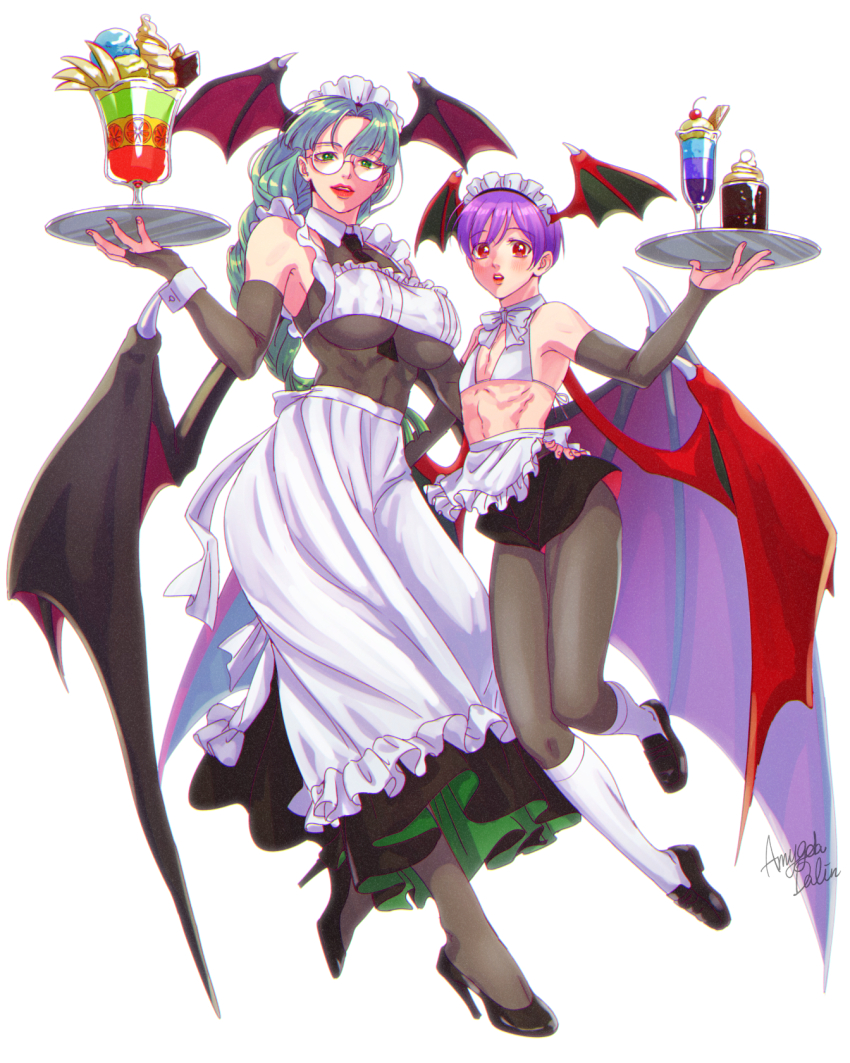 2girls alternate_hairstyle apron black_pantyhose blunt_bangs braid breasts bridal_gauntlets commentary_request czohztnoii darkstalkers demon_wings dessert food frilled_apron frills full_body glasses green_eyes green_hair high_heels highres holding holding_plate lilith_(darkstalkers) long_hair maid maid_headdress morrigan_aensland multiple_girls pantyhose plate purple_hair red_eyes round_eyewear short_hair small_breasts smile white_apron white_background wings