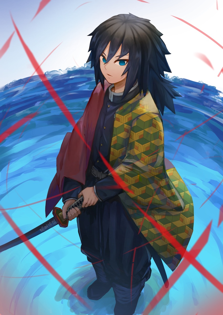 1boy absurdres black_hair blue_eyes closed_mouth commentary_request highres holding holding_sword holding_weapon japanese_clothes kimetsu_no_yaiba long_hair male_focus ripples sasa_kurumi solo standing standing_on_liquid sword tomioka_giyuu weapon
