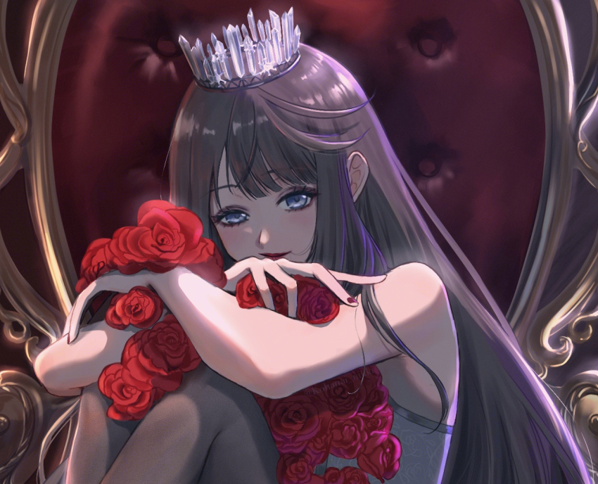 1girl bare_arms bare_shoulders black_hair black_pantyhose blue_eyes blunt_bangs bouquet commentary_request crossed_arms crown dress eyelashes flower holding holding_bouquet knees_up kohanai_setsuna lilith_(shining_nikki) lipstick long_hair long_sidelocks loose_hair_strand makeup mascara nail_polish nikki_(series) on_throne pantyhose red_flower red_lips red_nails red_rose rose shining_nikki sidelocks sitting sleeveless sleeveless_dress smug solo very_long_hair white_crown white_dress