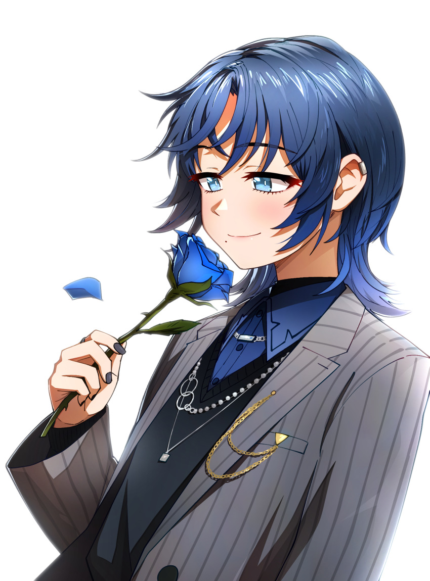 1girl bilingual_commentary black_nails black_sweater blue_eyes blue_flower blue_hair blue_rose blue_shirt bright_pupils closed_mouth collared_shirt commentary commentary_request ddolbang dress_shirt earclip english_commentary falling_petals fingernails flower grey_jacket highres hiodoshi_ao hiodoshi_ao_(1st_costume) holding holding_flower hololive hololive_dev_is jacket long_fingernails long_sleeves medium_hair mixed-language_commentary mole mole_under_mouth nail_polish petals pinstripe_jacket pinstripe_pattern rose shirt simple_background smile solo striped_clothes striped_jacket suit_jacket sweater upper_body vertical-striped_clothes vertical-striped_jacket virtual_youtuber white_background white_pupils wolf_cut