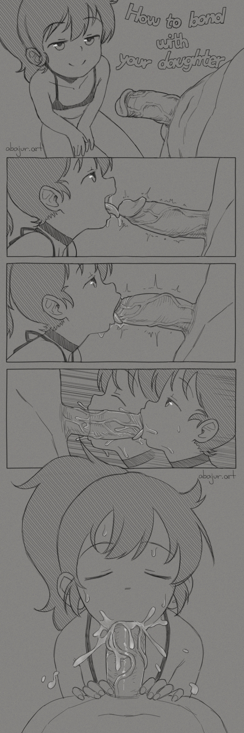 1boy 1girl 5koma :>= abajur absurdres age_difference artist_name bra choker closed_eyes comic cum cum_in_mouth cum_overflow english_text erection facing_viewer father_and_daughter fellatio fingernails greyscale half-closed_eyes hetero highres incest kneeling licking licking_penis loli long_hair monochrome multiple_views naughty_face open_mouth oral original panties penis ponytail pov pov_crotch profile saliva sequential smile testicles third-party_edit tongue tongue_out trembling uncensored underwear veins veiny_penis